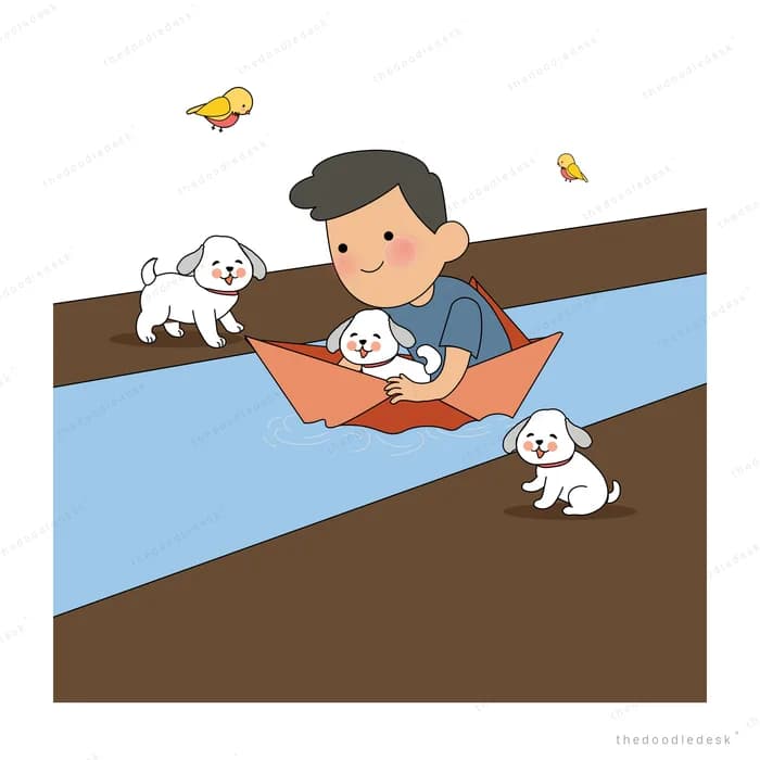Boy paddling a paper boat down a blue stream with white puppies watching from the banks