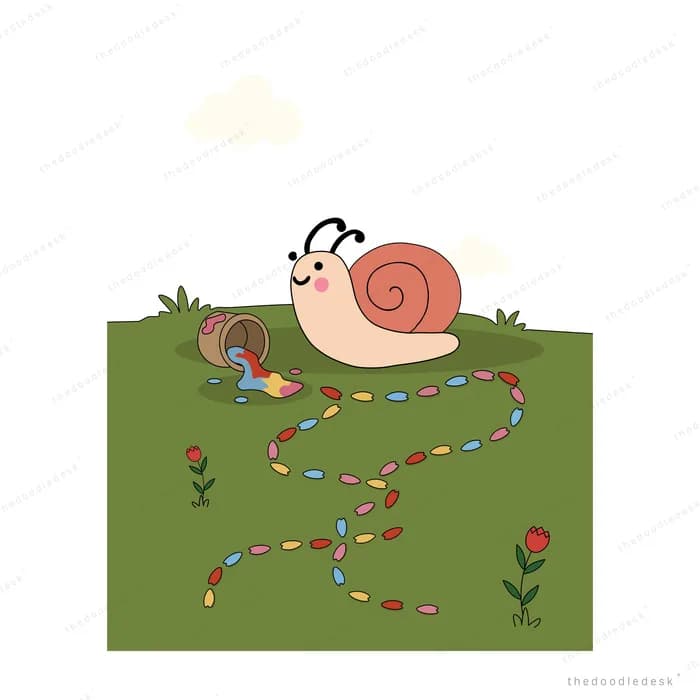 Tiny girl resting against a giant snail on a green field with a colourful winding trail