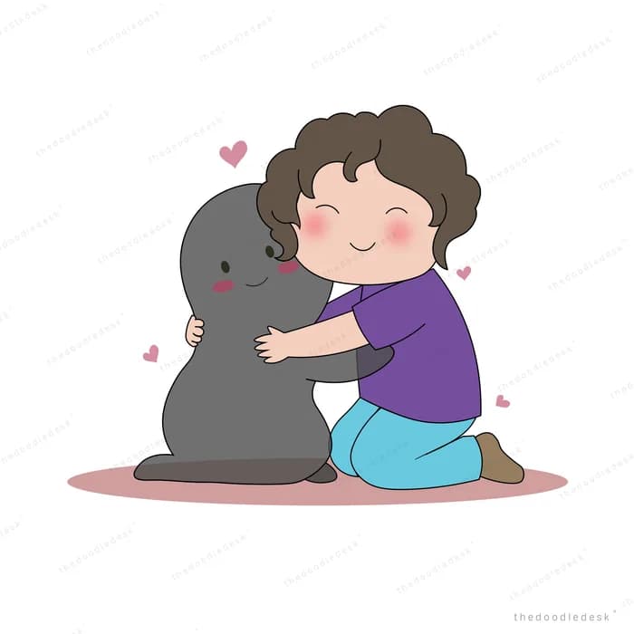 Girl hugging a big grey seal with little hearts floating around them