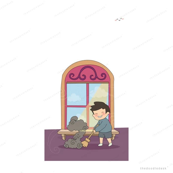 Boy leaning on a bench at an arched window with a cat, seen from a purple wall outside