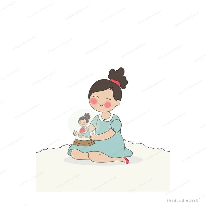 Girl in a mint dress kneeling to hold out a small cake while a white cat reaches for it