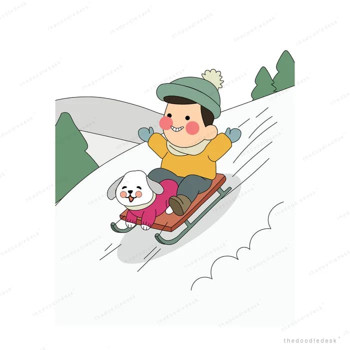 Boy in a woolly hat sledding down a snowy slope with his white dog on the sled