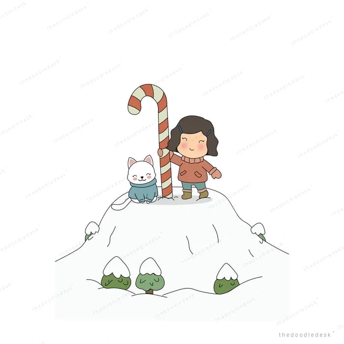 Girl planting a candy cane flag on a snowy peak beside a small white rabbit