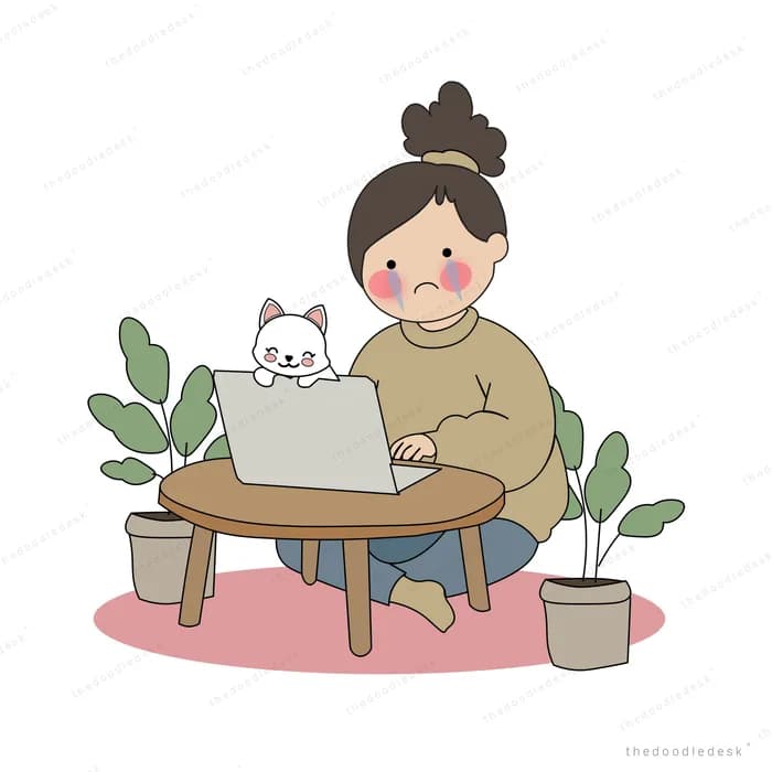 Woman working at a low table on a laptop with a white cat sitting on the desk among potted plants