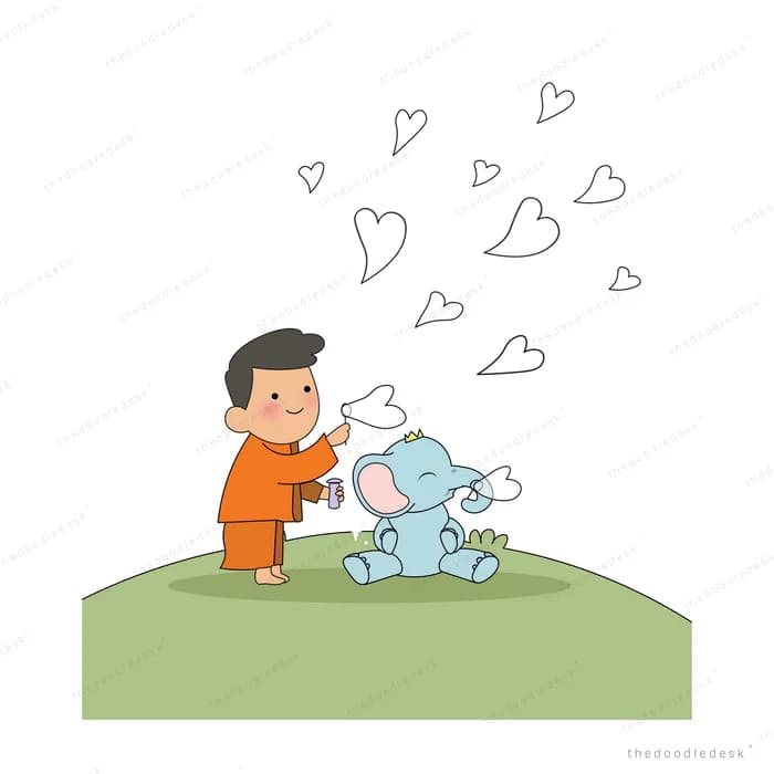 Boy blowing heart bubbles with a baby elephant on a green hill