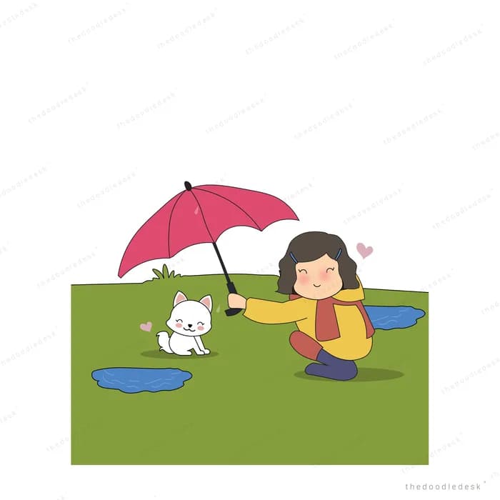 Girl in a raincoat holding a pink umbrella crouching over puddles with a white cat