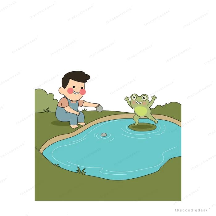 Boy fishing at the edge of a pond while a frog sits on a lily pad