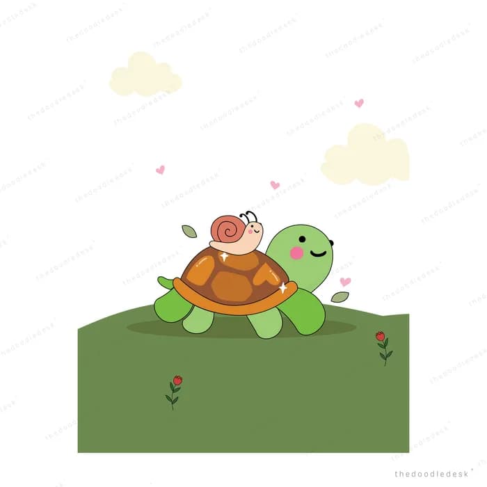 Girl lying face down on the shell of a big green turtle crossing a grassy hill