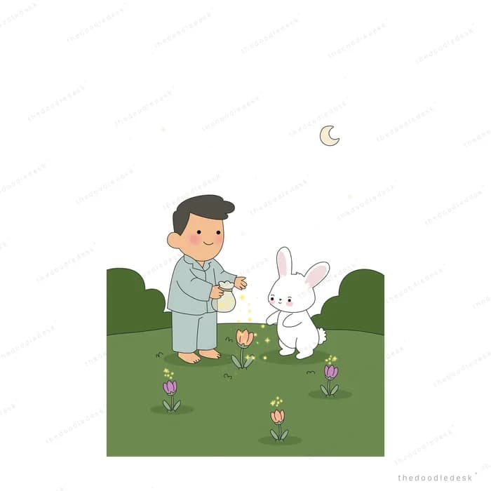 Man crouching to feed a big white rabbit on a lawn dotted with tiny mushrooms