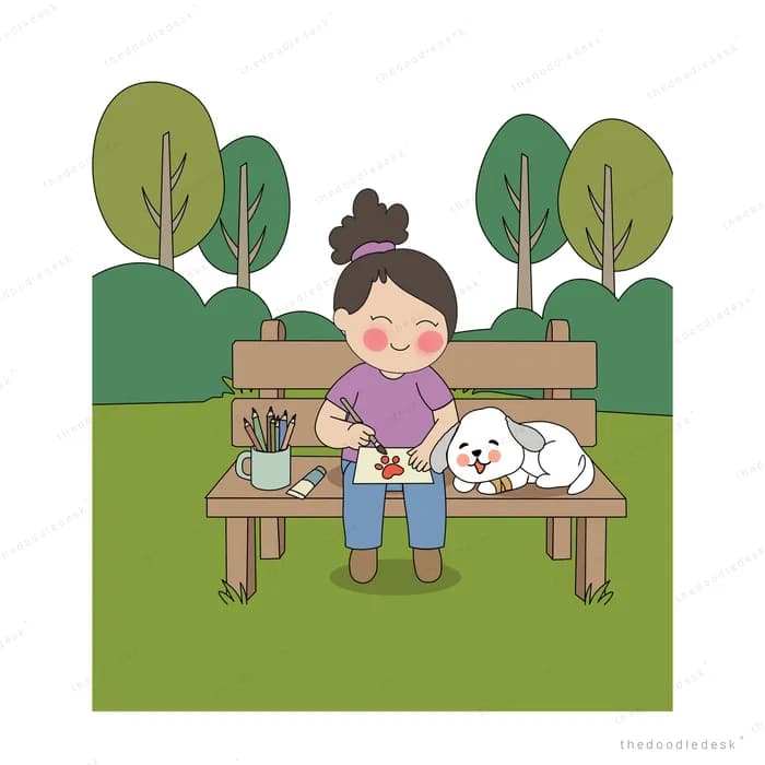 Girl sitting on a park bench with a white dog lying beside her among trees