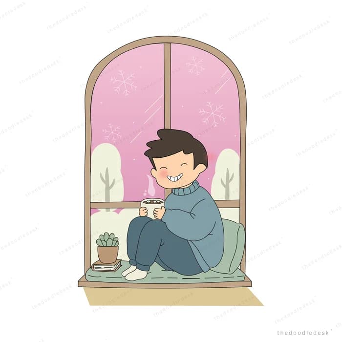 Boy sitting in an arched window nook cuddling a cat beside potted plants