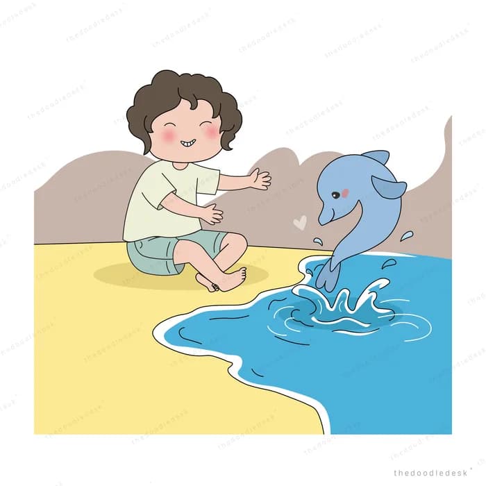 Girl kneeling on a yellow beach reaching out to a dolphin leaping from the water