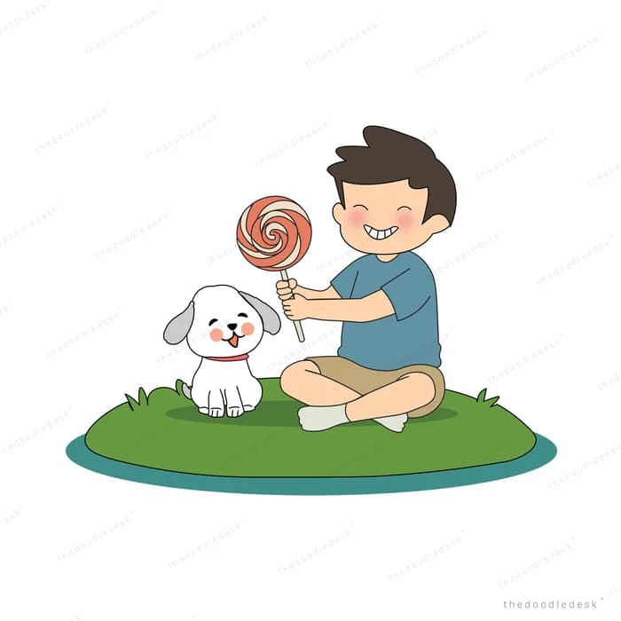Boy sitting cross-legged on grass holding a big swirl lollipop beside a white dog