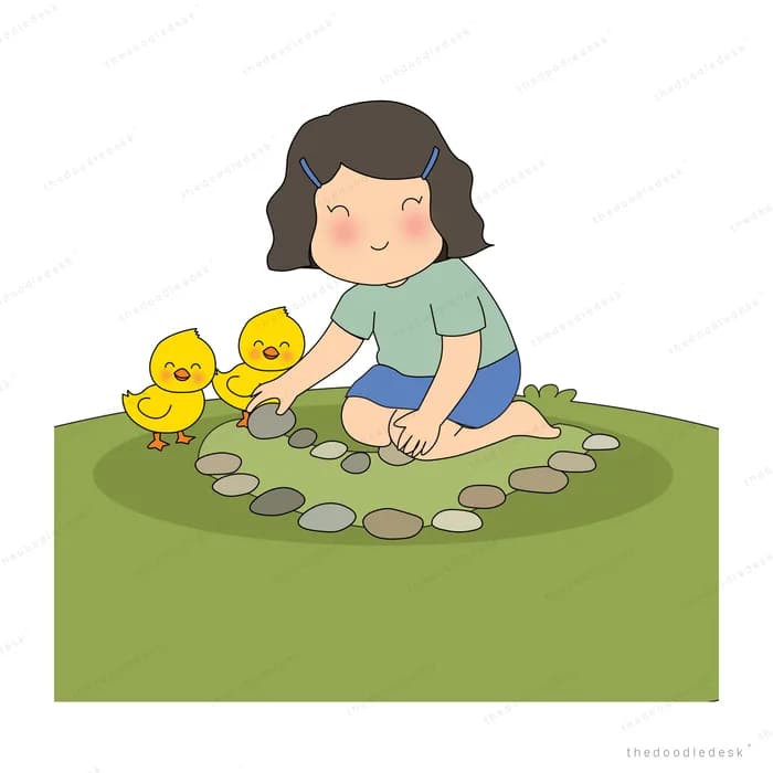Girl sitting on a big green leaf feeding two yellow chicks from a small bowl
