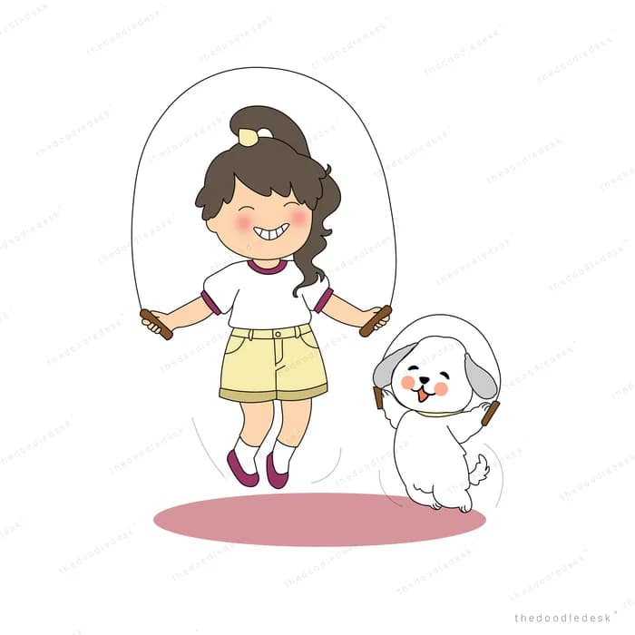 Girl skipping a jump rope while a white dog leaps beside her