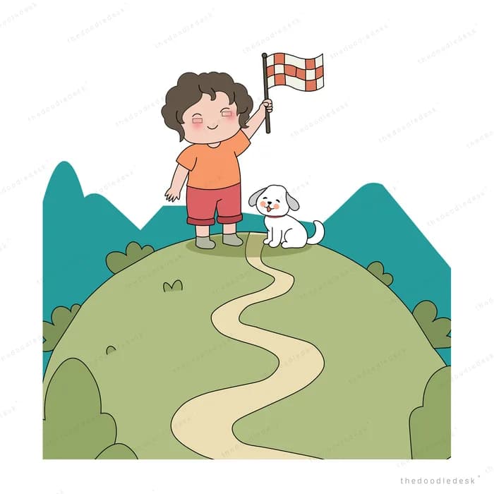 Boy planting a flag at the top of a round green hill with a white dog beside him