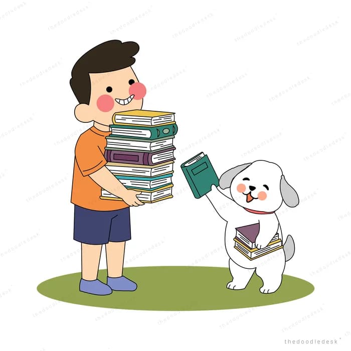 Boy carrying a tall wobbling stack of books while a white dog holds out another one