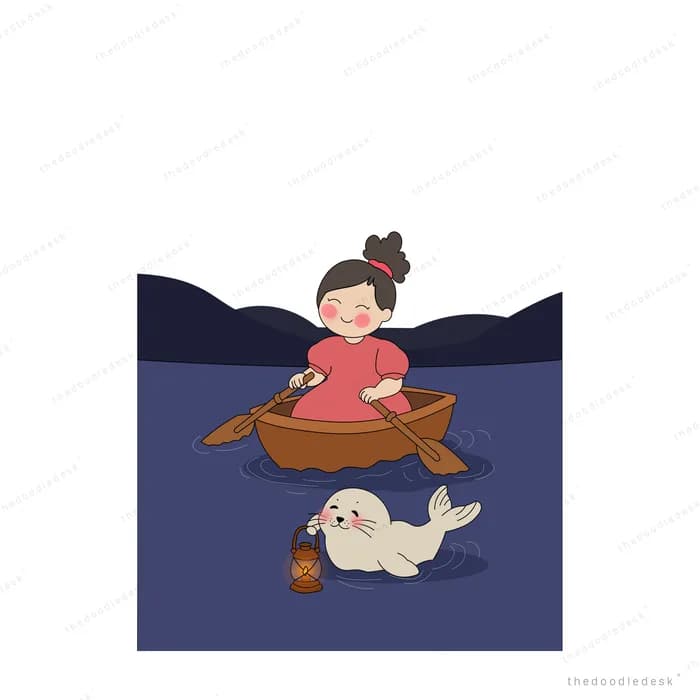 Child in a pink coat rowing a small boat on dark water above a seal while a whale surfaces behind