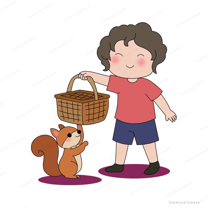 Boy carrying a wicker picnic basket while a ginger cat trots along beside him