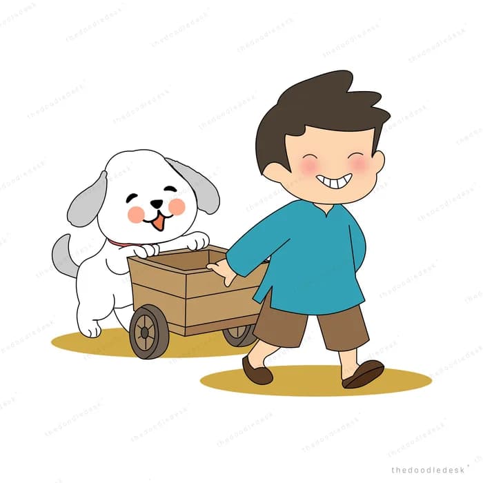 Boy pulling a wooden handcart with a white dog riding inside