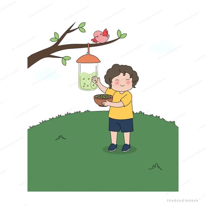 Boy holding up a hanging bird feeder to a leafy branch where a pink bird waits