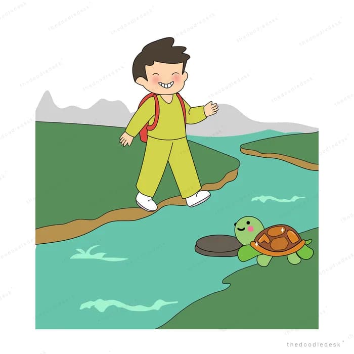 Boy stepping along a narrow path across a green river while a turtle rests on a rock