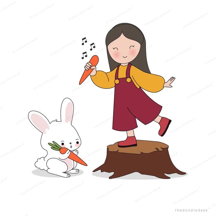 Girl dancing on a tree stump waving a carrot while a white rabbit hops below