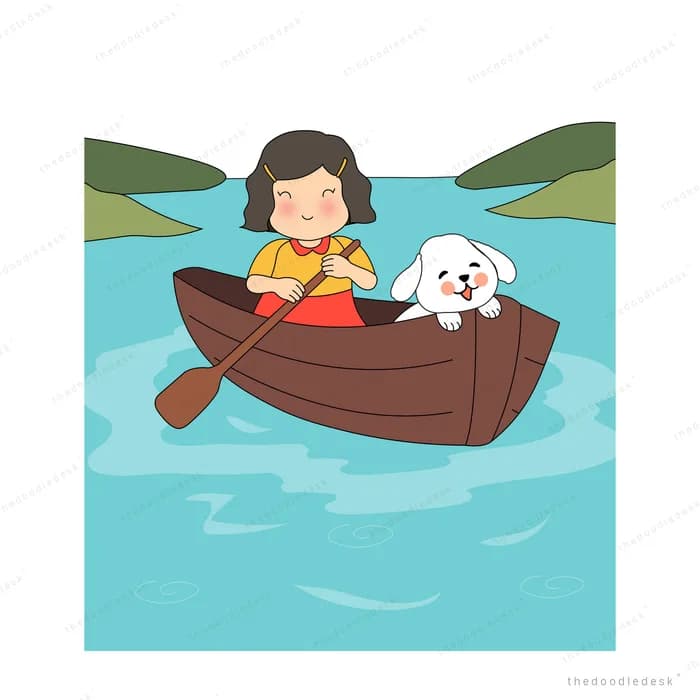 Girl rowing a wooden boat across a lake with a white puppy sitting at the bow