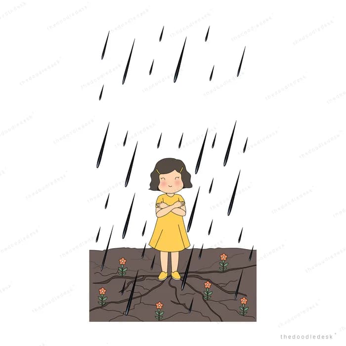 Girl in a yellow dress standing in falling rain on a branch lined with dark birds