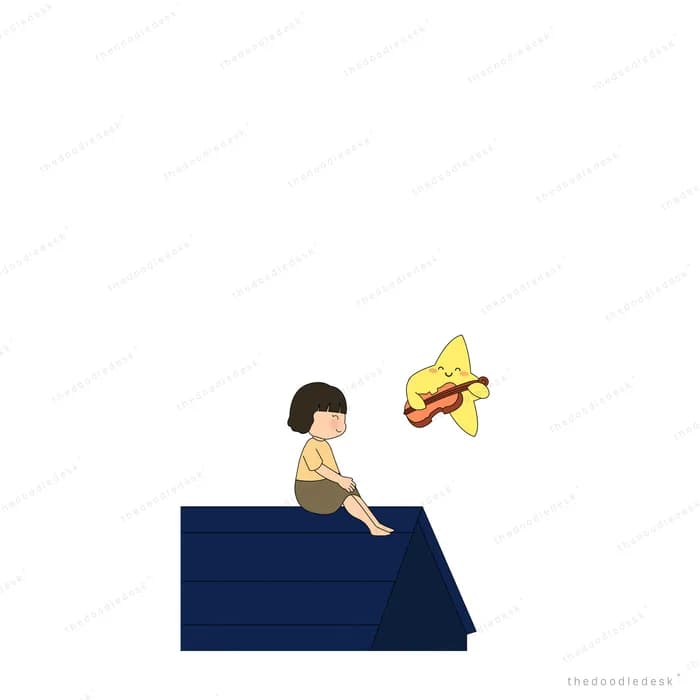 Small boy sitting on top of a dark blue tent watching a yellow bird fly past