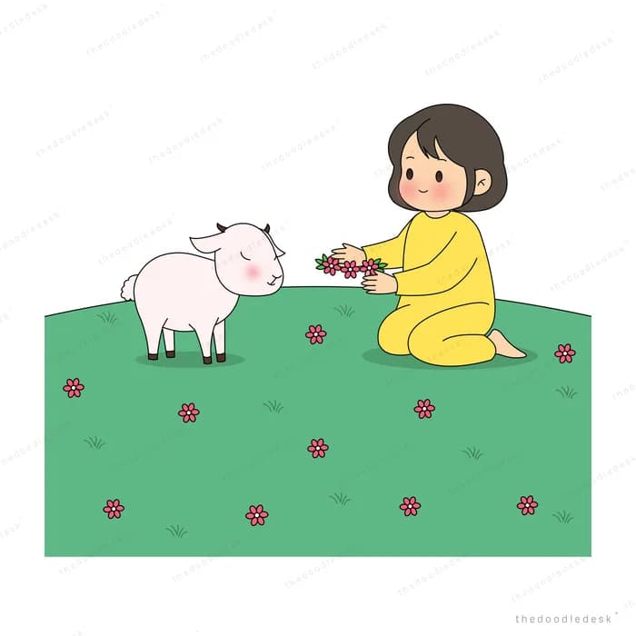 Woman in yellow kneeling on a flowering green field offering flowers to a white goat