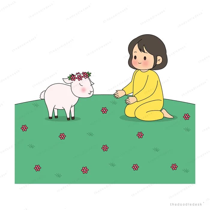 Girl in yellow sitting on a flowering meadow feeding a pink lamb wearing a flower crown
