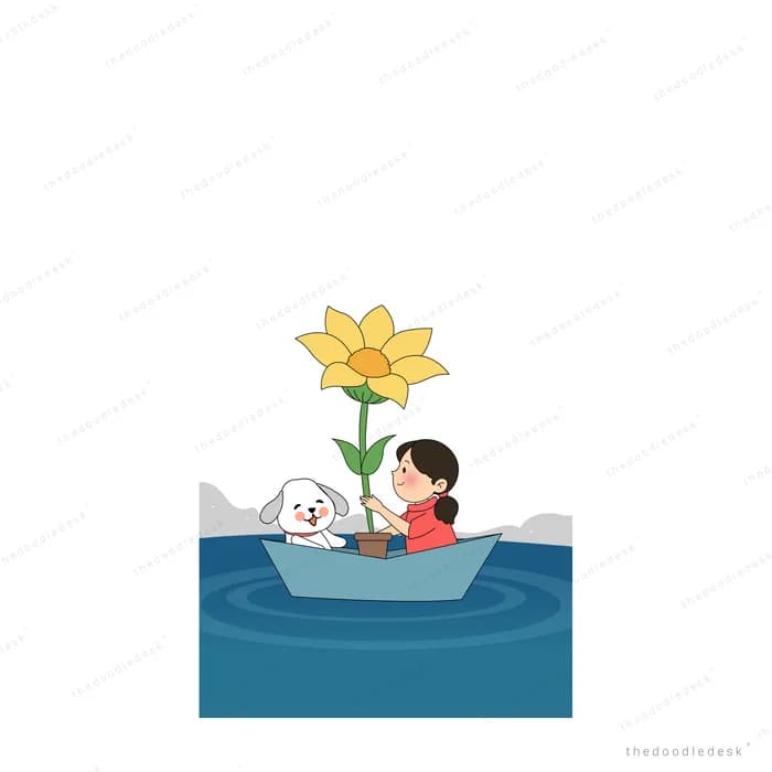 Child and a white dog in a small boat with a yellow lily on blue water