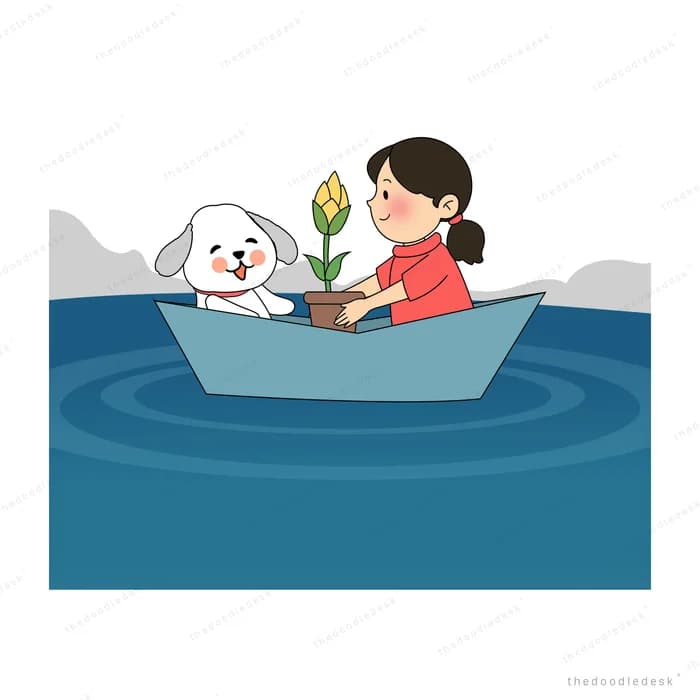 Girl and a white dog rowing a small boat across dark blue water