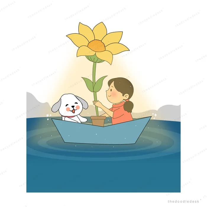 Girl and a white dog in a boat carrying a glowing giant sunflower