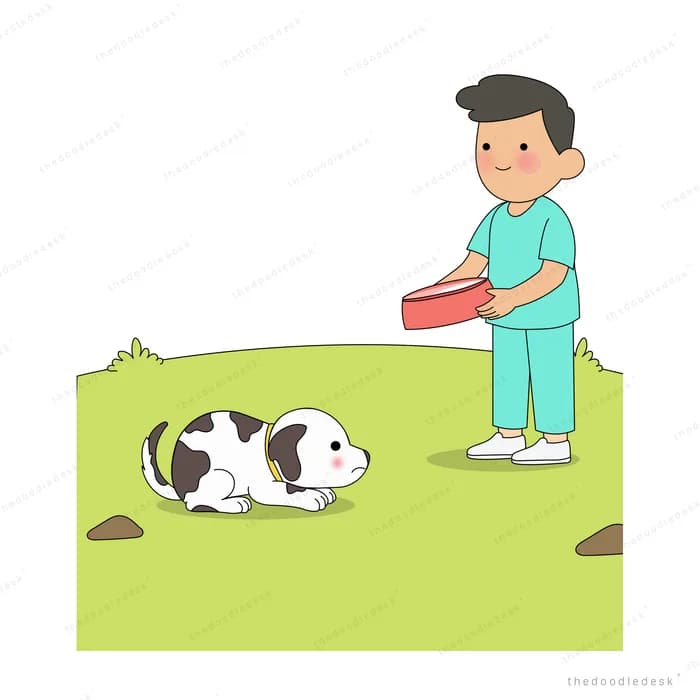 Boy in teal carrying a red bowl toward a spotted puppy on the grass