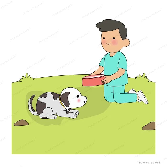 Boy kneeling with a red bowl beside a spotted puppy lying on the grass