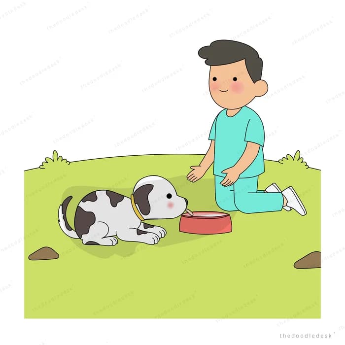 Boy kneeling on grass with two spotted puppies and a red food bowl