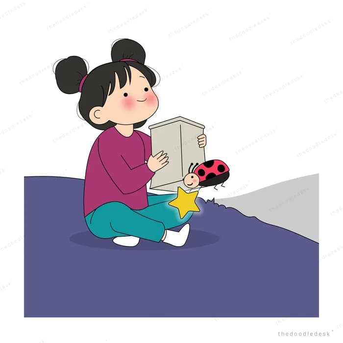 Girl holding an open box as a glowing ladybug rises from it