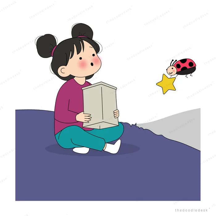 Girl holding an open box while a ladybug flies away