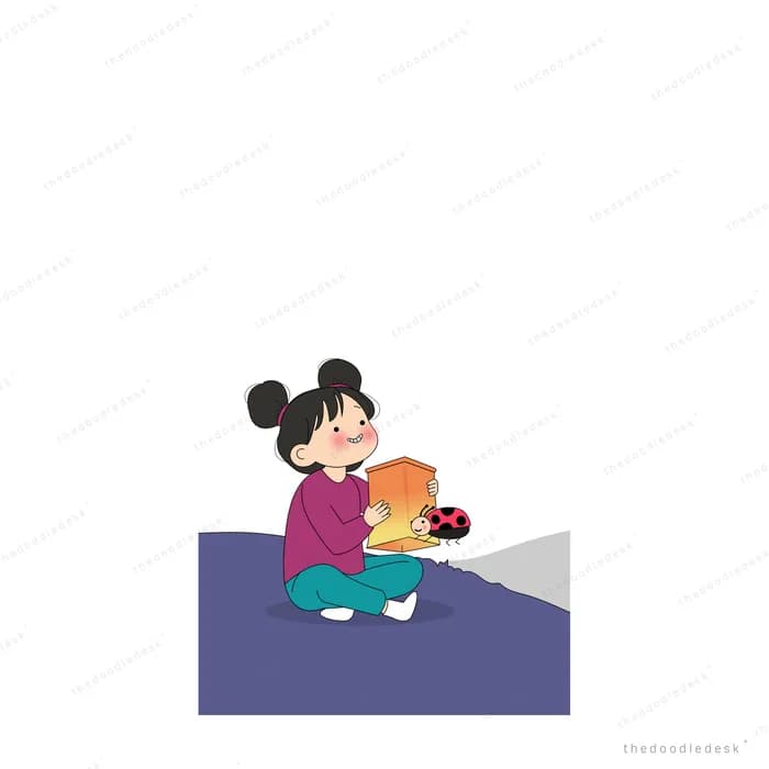 Girl kneeling on a purple slope holding an orange box with a ladybug on it