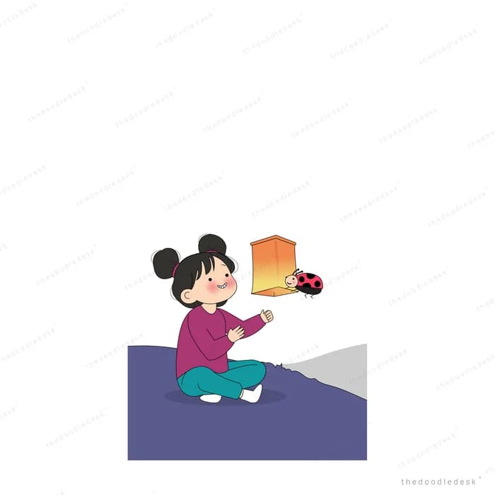 Girl kneeling on a purple slope holding an orange box with a ladybug beside it