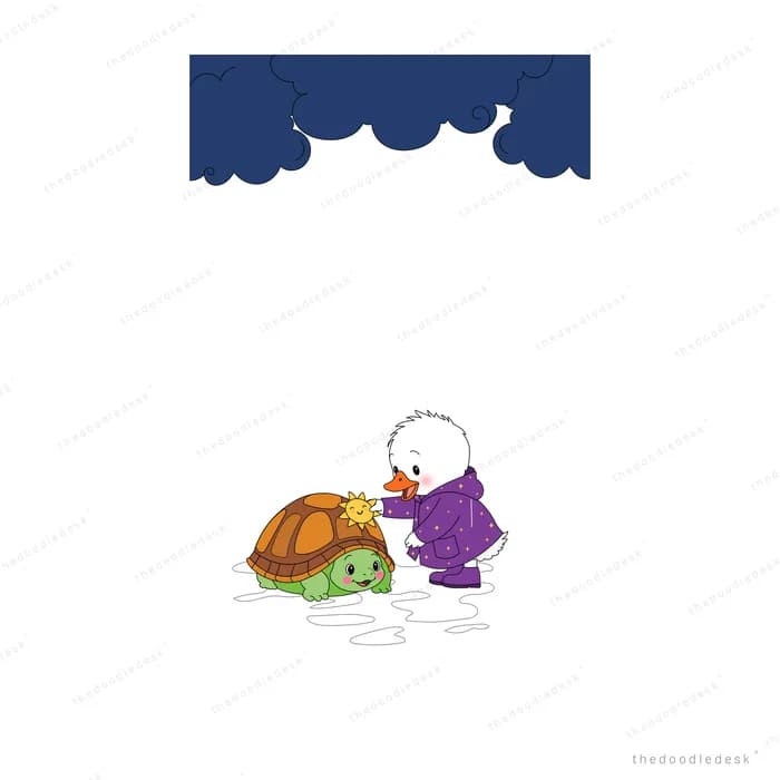 Child in a purple coat crouching beside a tortoise under dark clouds