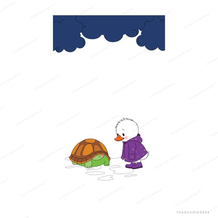 Child in a purple coat standing over a tortoise beneath dark clouds