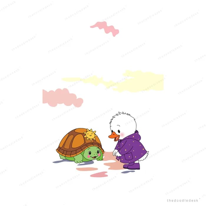 Child in a purple coat walking alongside a tortoise past soft pink clouds