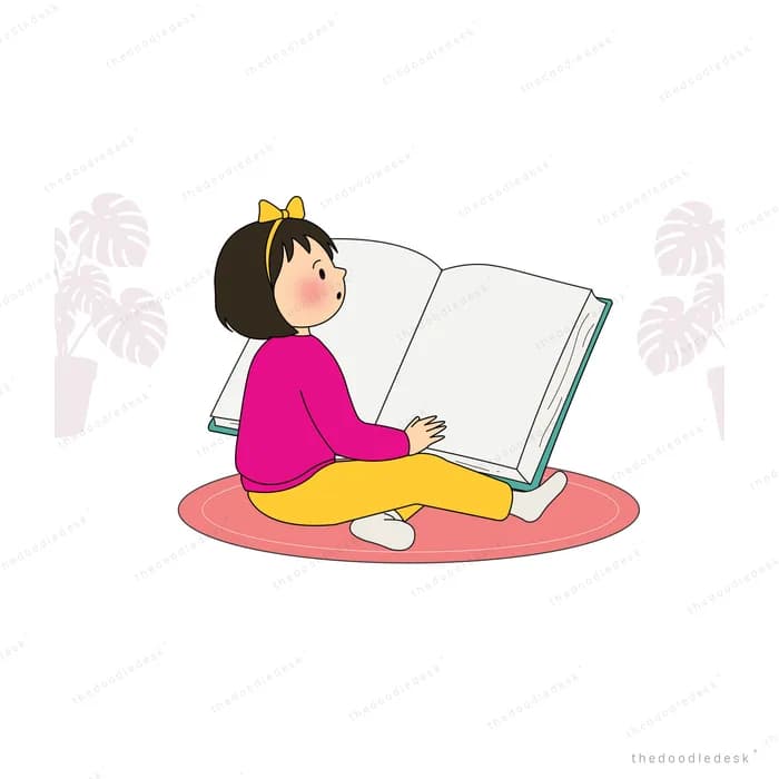 Girl reading a large open book with a white bird perched on the page
