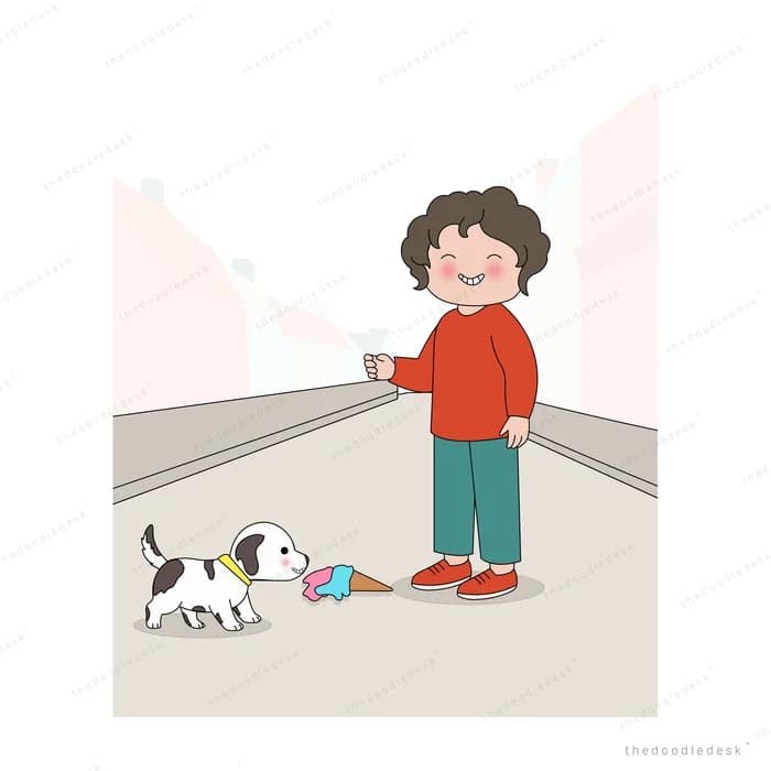 Boy holding an empty cone as a spotted dog sniffs his dropped ice cream