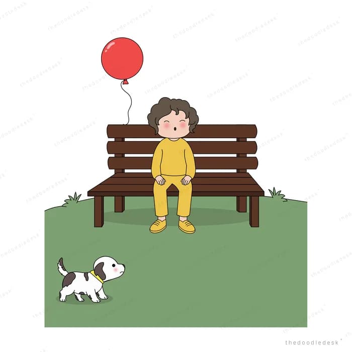 Boy on a bench holding a red balloon while a dog runs across the grass