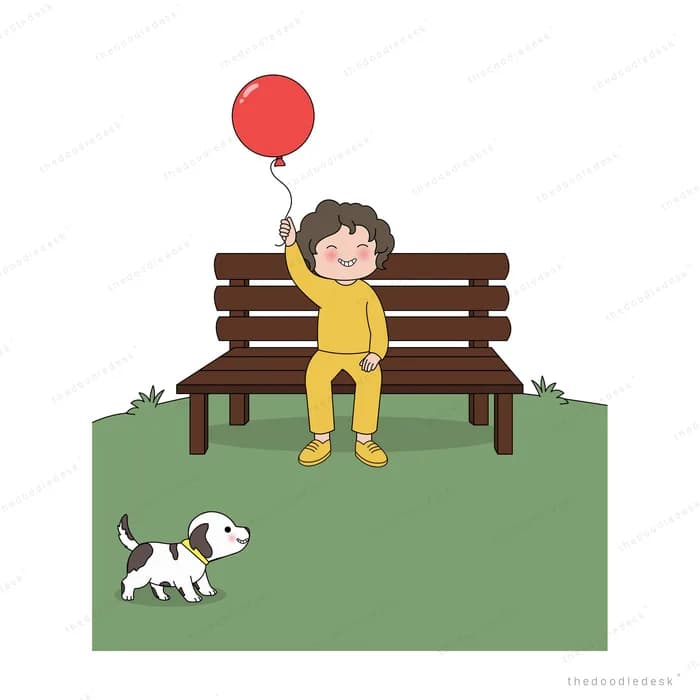 Boy standing on a bench holding up a red balloon with his dog nearby