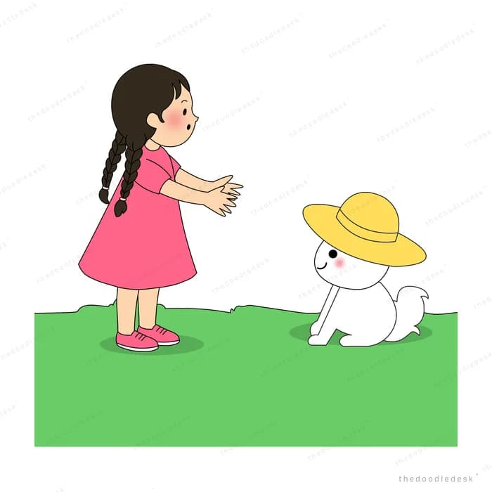 Girl waving a pink cloth on a beach towel beside a white cat in a straw hat